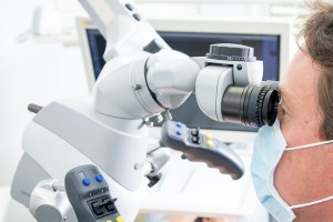 Dentalmikroskop in der Zahnarztpraxis Ebenbeck – vergrößerte Darstellung feiner Strukturen für präzise Wurzelbehandlungen in Regensburg