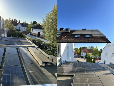 Photovoltaikanlage auf dem Dach der Zahnarztpraxis Dres. Ebenbeck in Regensburg – Solarpanele auf mehreren Dachflächen bei blauem Himmel