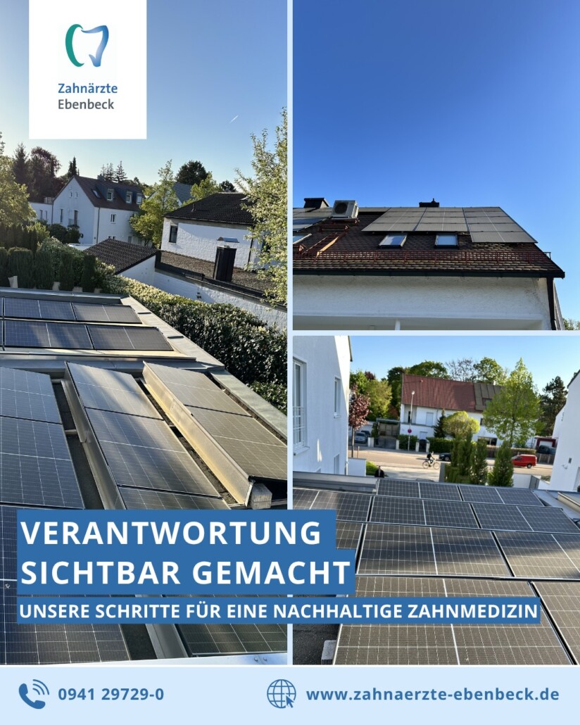 Photovoltaikanlage auf dem Dach der Zahnarztpraxis Dres. Ebenbeck in Regensburg – Solarpanele auf mehreren Dachflächen bei blauem Himmel